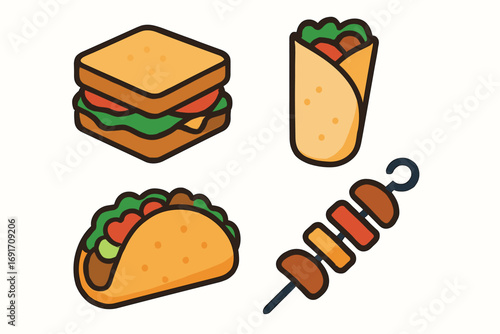 Delicious Assortment of Fast Food Items - Sandwich, Wrap, Taco, and Kebab.