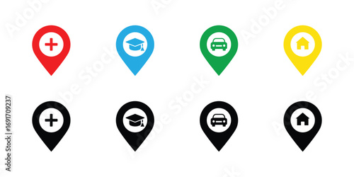 colorful location pin map marker with hospital education car and home icon set