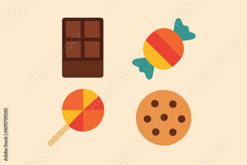 Assortment of delicious sweets including chocolate candy lollipop and cookie.