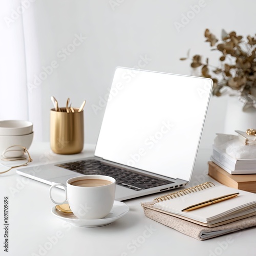 home office desk, laptop and coffee, minimal setup, white backgroun