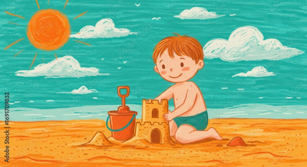 Naklejka premium A cheerful young boy enjoys building a sandcastle on a sunny beach.