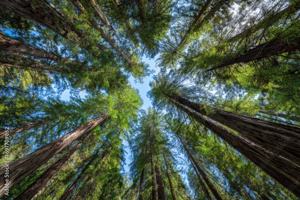 Fototapeta premium Looking up at tall trees in a forest