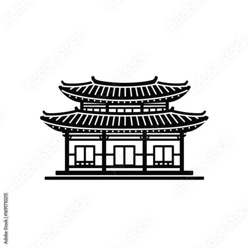 Traditional East Asian temple silhouette with curved roof and steps. EPS 10.