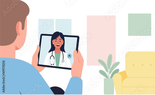 Virtual Doctor Visit A Man Receives Telehealth Consultation via Tablet