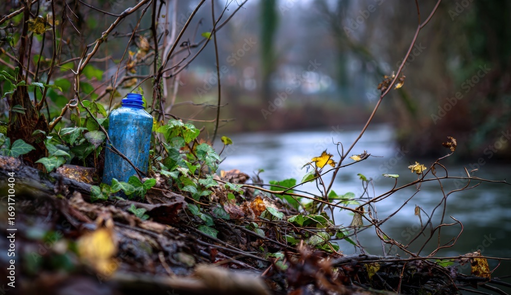 Fototapeta premium Plastic bottle discarded by a riverbank in autumn