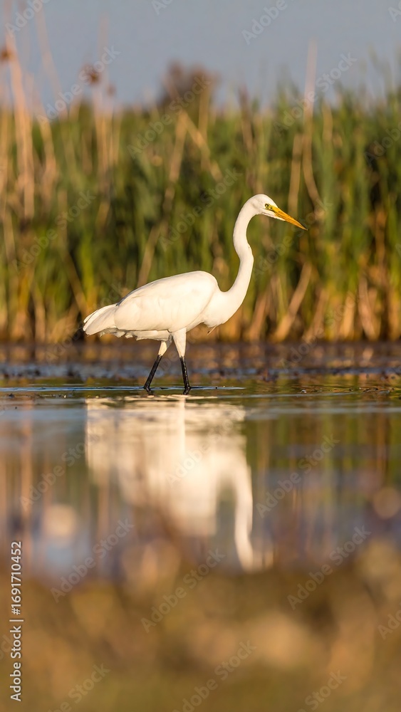 Fototapeta premium Great Egret Wading in Shallow Water