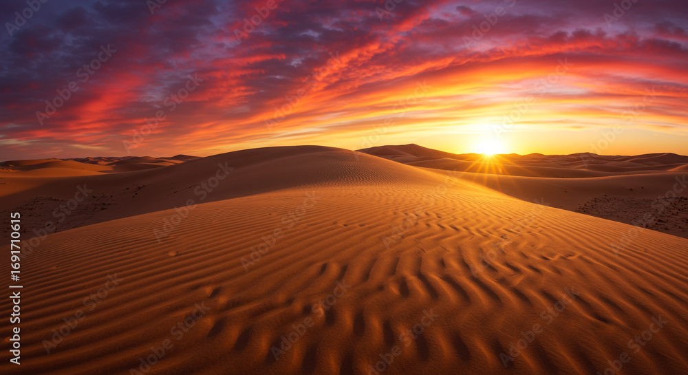 Naklejka premium Stunning desert dunes bathed in golden sunset light with vibrant, fiery clouds above