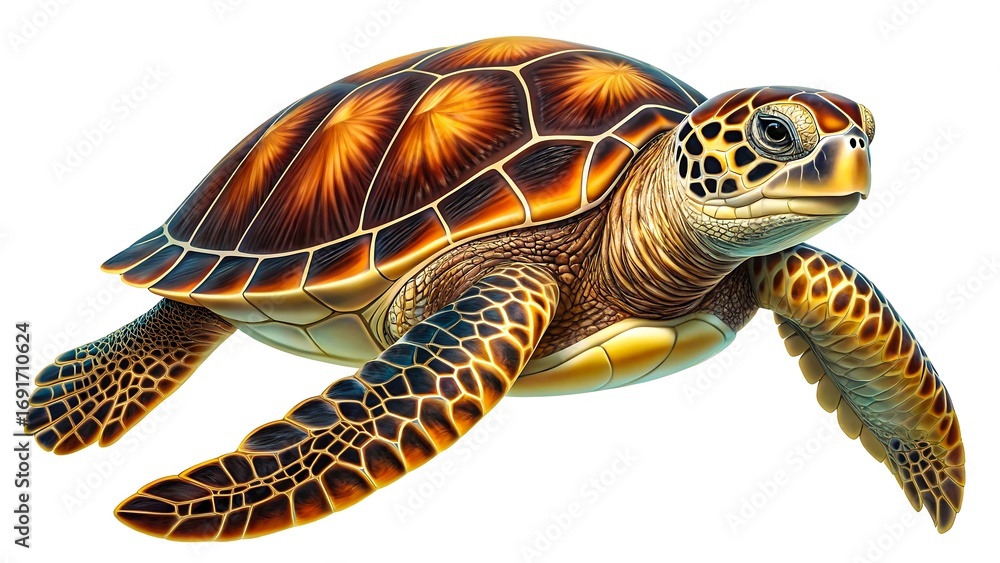 Fototapeta premium Realistic Sea Turtle Swimming Isolated on White Background 