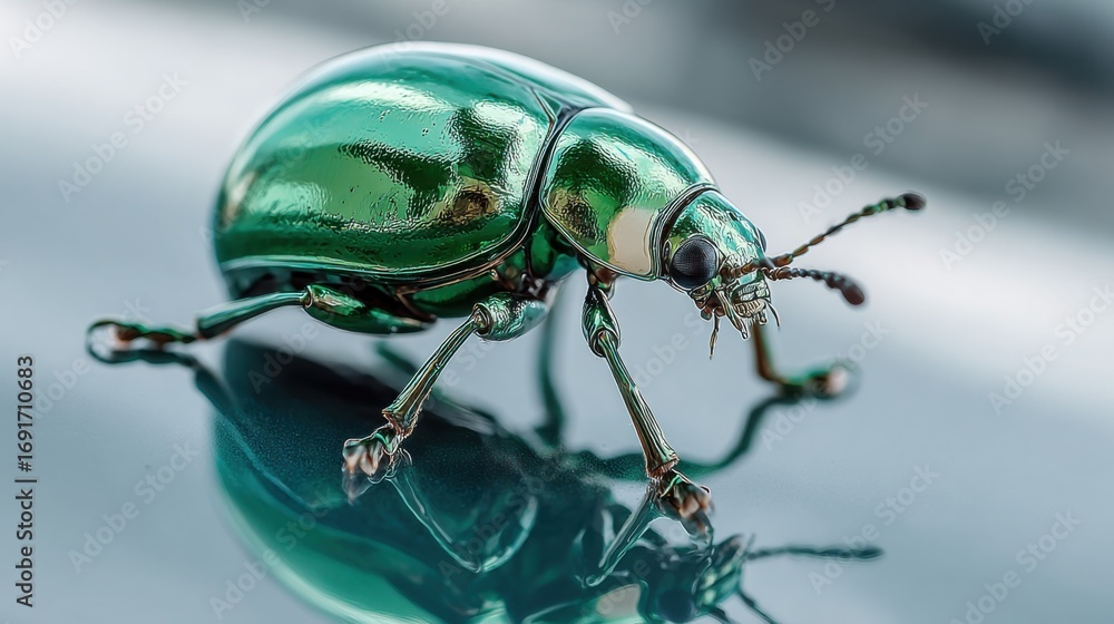 Naklejka premium Vibrant Green Beetle Resting Gracefully on a Shiny Glass Surface Showcasing Intricate Details and Textures in a Natural Setting of Insect Life