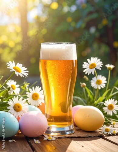 Easter Beer with Colored Eggs and Daisies Outdoors