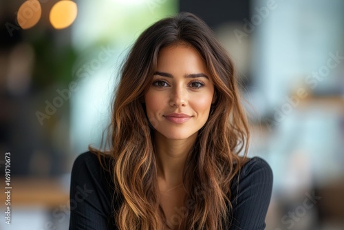 Wallpaper Mural Professional businesswoman confidently talking directly to the camera in an office, showcasing her authority and leadership while sharing valuable insights, Generative AI Torontodigital.ca