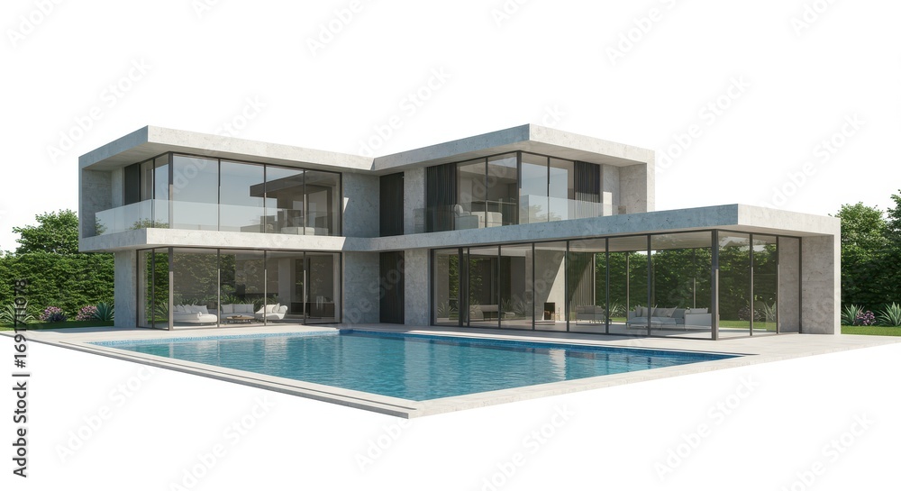 Fototapeta premium Modern, light-filled concrete home with a luxurious outdoor pool area, showcasing a contemporary architectural design and ample glass walls.