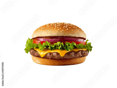 A fresh beef hamburger with melted cheese, lettuce, and tomato on a sesame bun is isolated on a white background for a perfect fast food meal