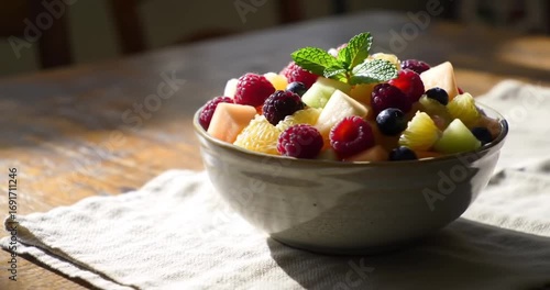 Fresh fruit salad in a rustic bowl on a table