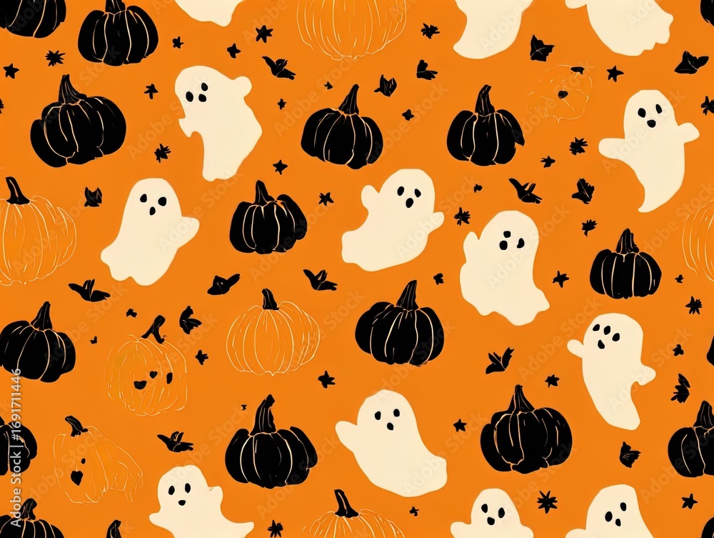 Repeatable pattern with pumpkins and halloween ghosts, black on orange tee, luxury sublimation print, seamless vector Repeatable pattern with pumpkins and halloween ghosts, black on orange tee, luxury sublimation print, seamless vector