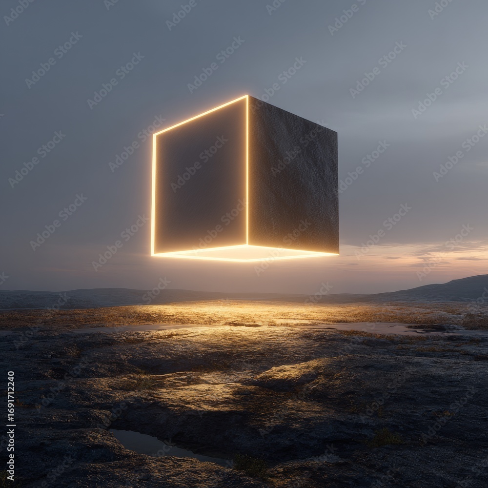 Fototapeta premium Glowing Cube Over a Serene Landscape at Dusk in Digital Art