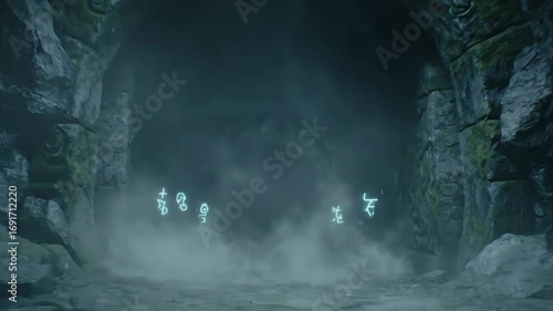 Mysterious glowing spirits emerge from a dark, misty cave entrance, a cinematic low-angle shot conveying a somber and eerie mood, with rough stone walls and a damp ground.