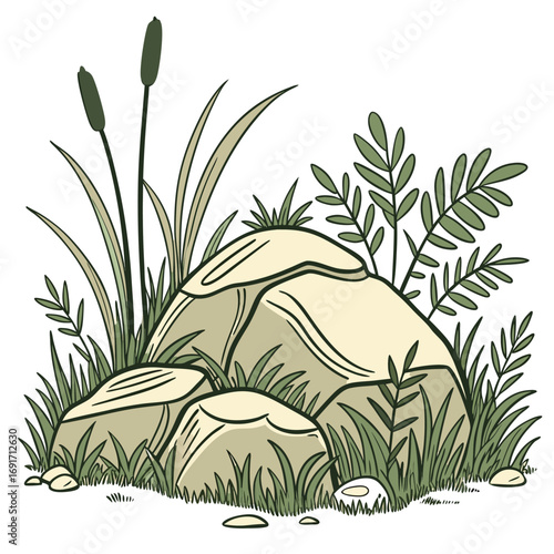 A cluster of beige and gray rocks surrounded by tall grasses, leafy plants, and cattails, with scattered pebbles at the base, in muted green and earthy tones.