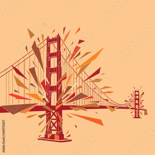 Dynamic abstract explosion of geometric shapes emanating from the iconic Golden Gate Bridge in vibrant autumnal tones