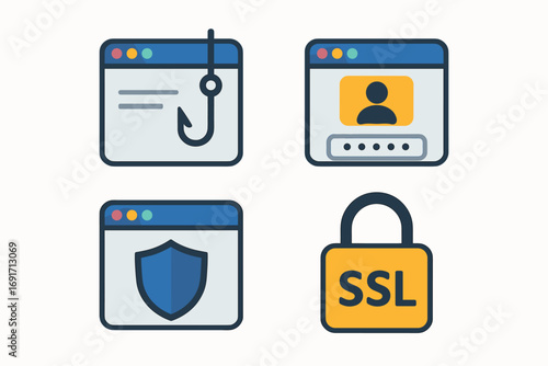 Icons representing online security measures and threats.