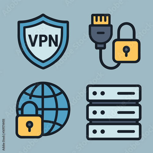 VPN security shield padlock globe and server icons representing digital privacy and network protection.