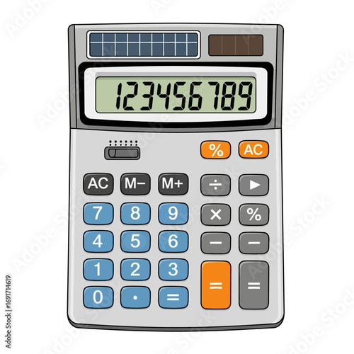 Cartoon Calculator Displaying Numbers and Function Buttons.