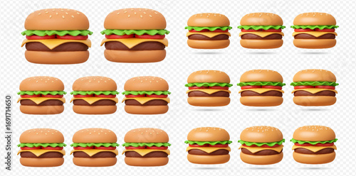 Collection of realistic 3D rendered cheeseburgers, various angles and perspectives.