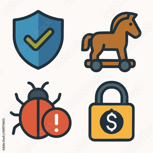 Cybersecurity and Digital Threats Vector Icon Set.