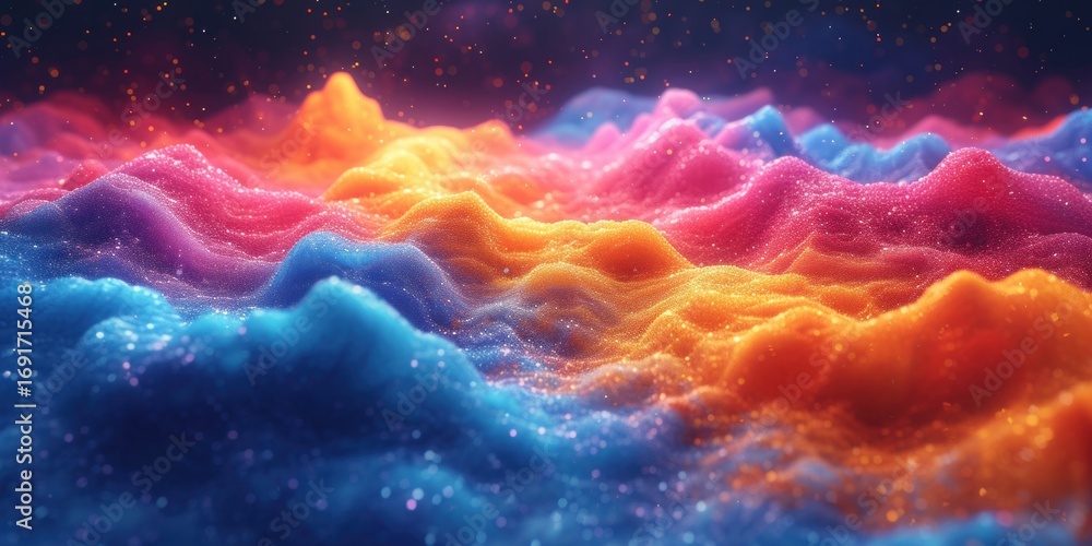 Naklejka premium Vibrant Multi-Colored Terrain Under A Starry Sky Depicted In Digital Artwork