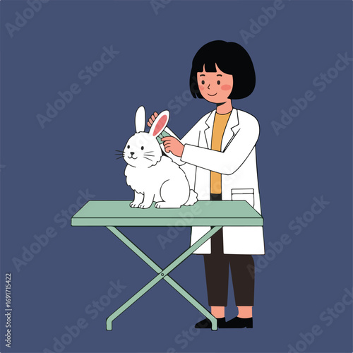 A veterinarian with short black hair is brushing a white rabbit sitting on a green table against a dark blue background.