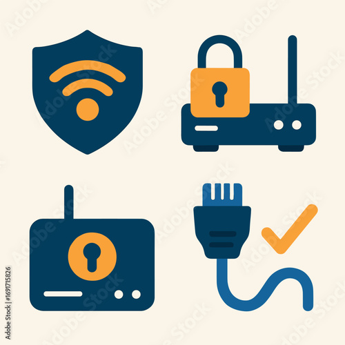 Network Security Icons Router Wifi Cable Lock.