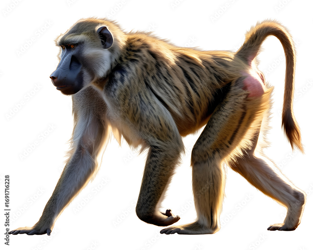 Fototapeta premium Majestic baboon captured in profile with detailed fur texture and expressive facial features on a clean white backdrop