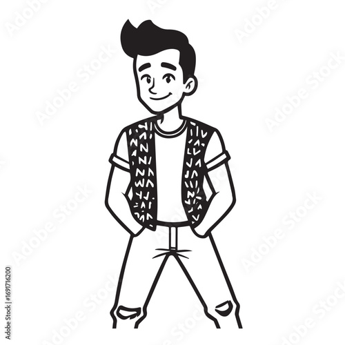 Handsome Man Black and White Illustration Vector Image Male Portrait Fashion Sketch Line Art Design	