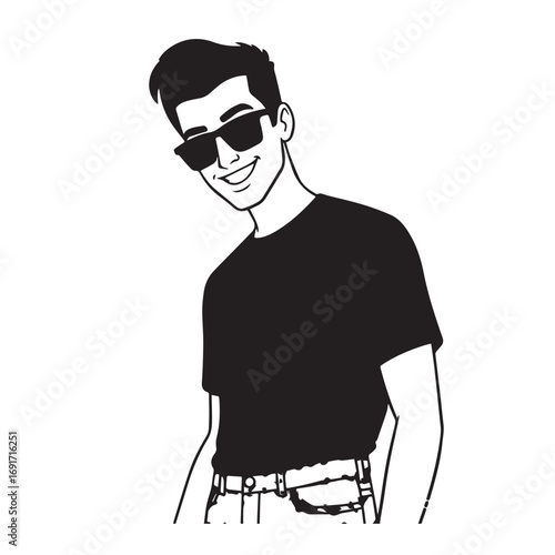 Handsome Man Black and White Illustration Vector Image Male Portrait Fashion Sketch Line Art Design	