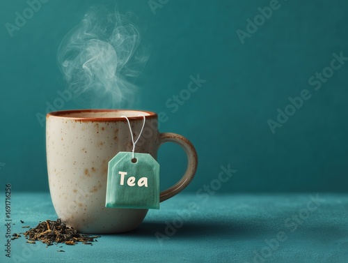 Flat vector tea cup illustration with steam and teabag tag, turquoise background, minimalist 