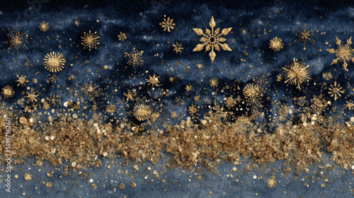 Navy christmas background with snowflakes and gold sequins