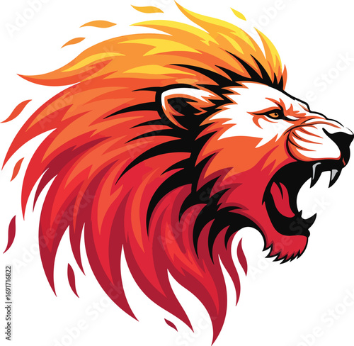 Roaring lion head with fiery mane symbolizes power, courage, and primal energy for dynamic branding and fierce sports mascots.