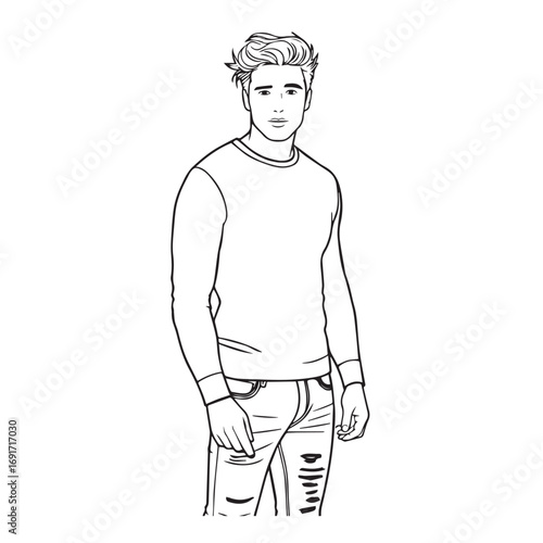 Handsome Man Black and White Illustration Vector Image Male Portrait Fashion Sketch Line Art Design	