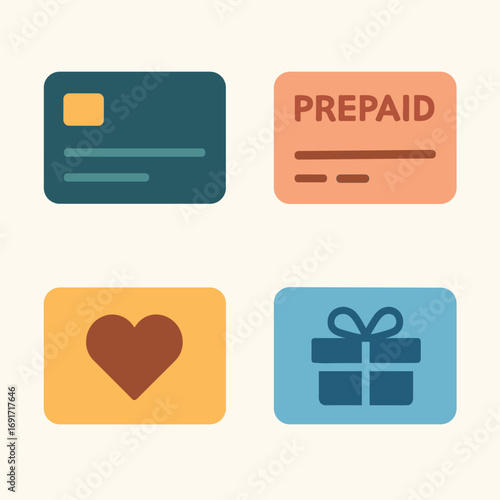Four different types of cards including credit card gift card and prepaid card.