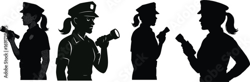 Female police officer silhouettes with flashlights set performing duties and giving signals silhouette