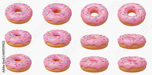 Twelve donuts with pink frosting and colorful sprinkles arranged in a grid on a transparent background.