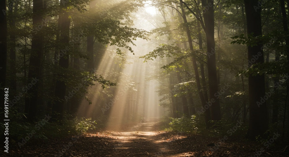 Fototapeta premium Sunbeams shining through a misty forest onto a tranquil path.