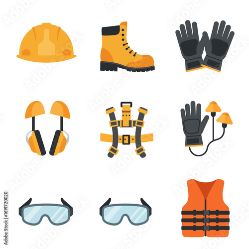 A vital collection of personal protective equipment, featuring hard hats, safety glasses, and work boots, essential for ensuring workplace safety and protection.