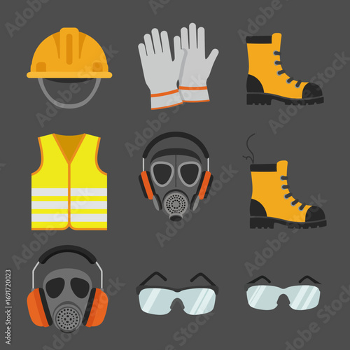 Essential personal protective equipment collection, featuring hard hats, safety gloves, reflective vests, respirators, and sturdy boots, vital for safety.