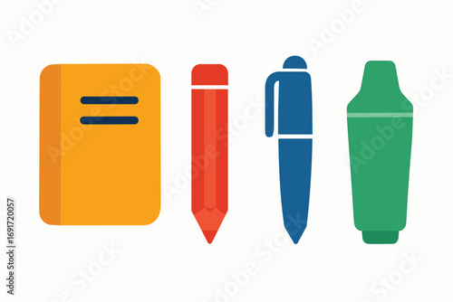 Stationery items arranged in a row for school or office use.