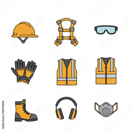 A curated collection of essential personal protective equipment icons, showcasing crucial safety gear for workers in construction, industrial, and hazardous settings.