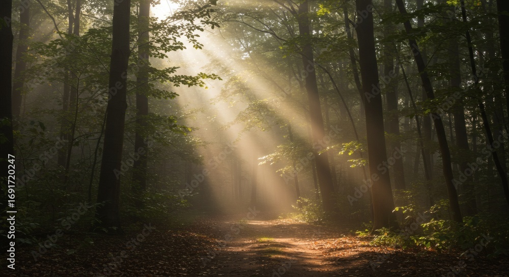 Fototapeta premium Magical sun rays filtering through trees in a dark, peaceful forest.