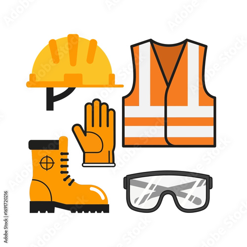 Essential personal protective equipment, including hard hat, safety vest, work boots, gloves, and glasses, vital for worker safety and protection.
