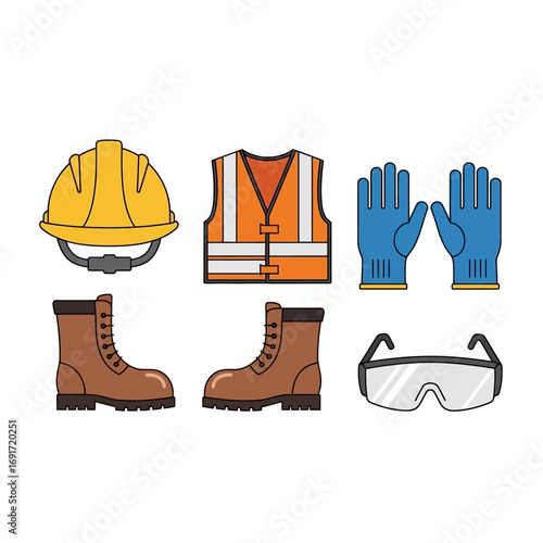 Vector illustration of personal protective equipment: hard hat, reflective vest, work gloves, sturdy boots, and safety glasses, vital for safety.