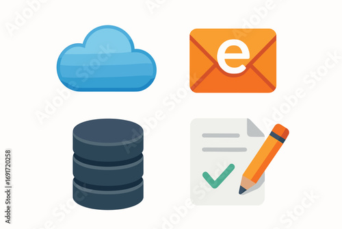 Cloud email database and checklist icons representing technology and business.